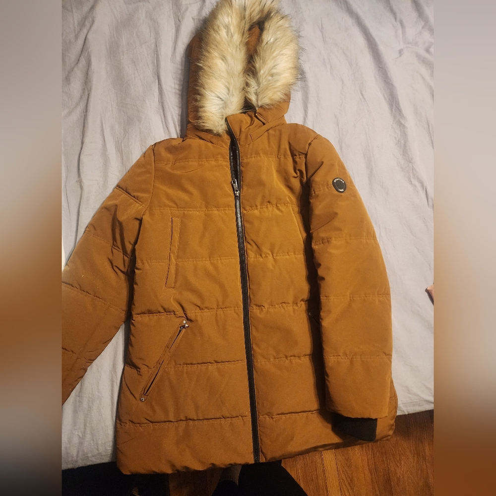 Nautica Stylish Brown Puffer Jacket with Faux Fur Hood